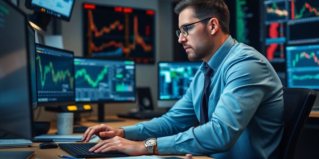 Trader at desk analyzing market trends with determination.