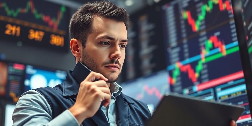 Confident trader analyzing market trends with focused determination.