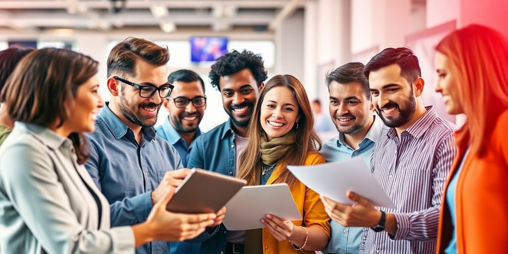 Diverse professionals analyzing market trends in a modern office.